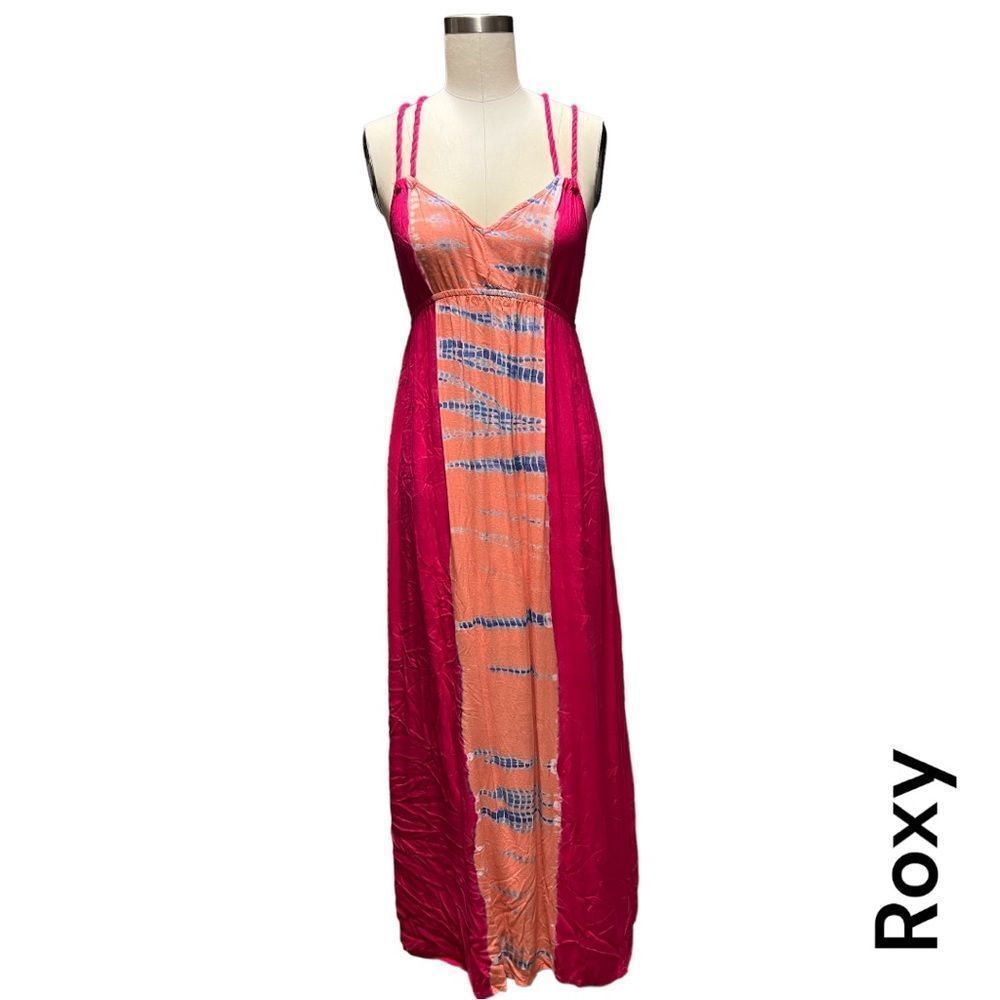 💖 ROXY tie dye spaghetti strap maxi dress in pink orange and blue + size M